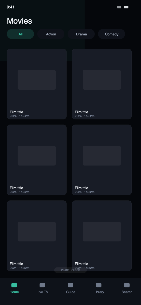 The movies library in Momnt IPTV on iPhone, showing a grid of poster artwork by category.
