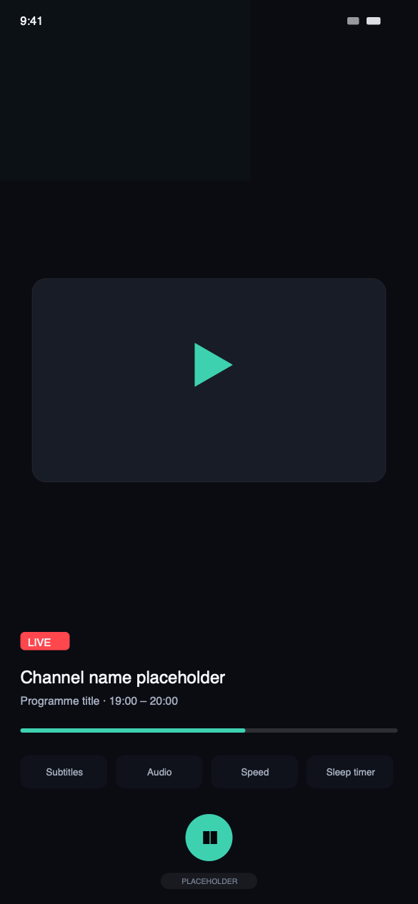 The Momnt IPTV player on iPhone in full screen with transport controls and a live badge.