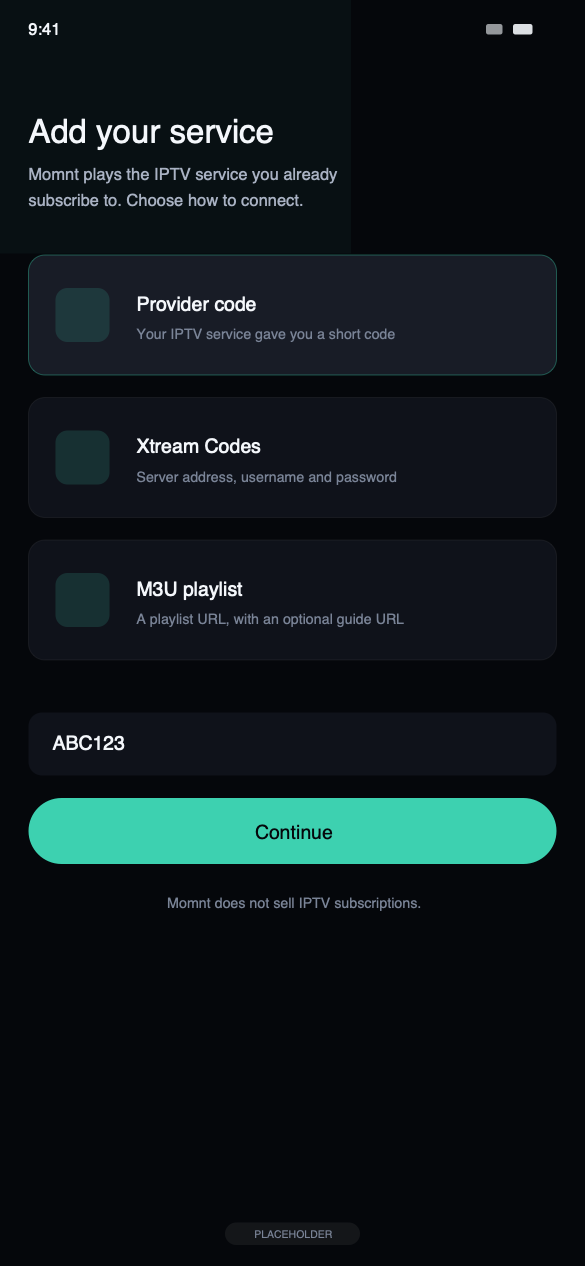 The Momnt IPTV setup screen on iPhone offering a provider code, Xtream Codes login or M3U playlist URL.